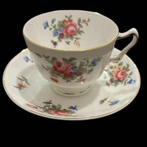 Vintage Crown Staffordshire Bone China Floral Rose Teacup and Saucer Cottagecore